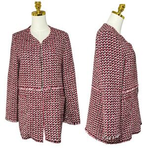 Villagallo Tweed Jacket Pink Black White Open Front Fringed Pocket Size XL